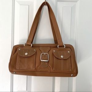 Tignanello Leather Purse Brown Mustard Wide Opening Shoulder Bag